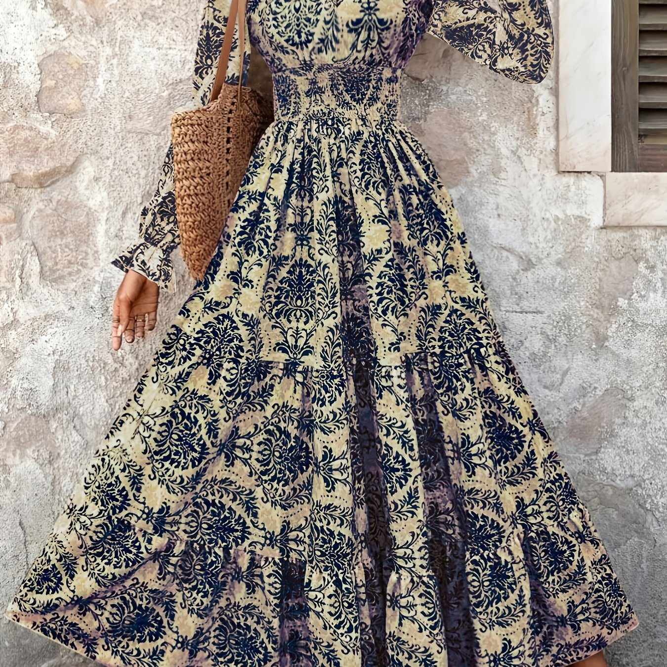 Women's Bohemian Floral Print V-Neck Long Sleeve Maxi Dress -