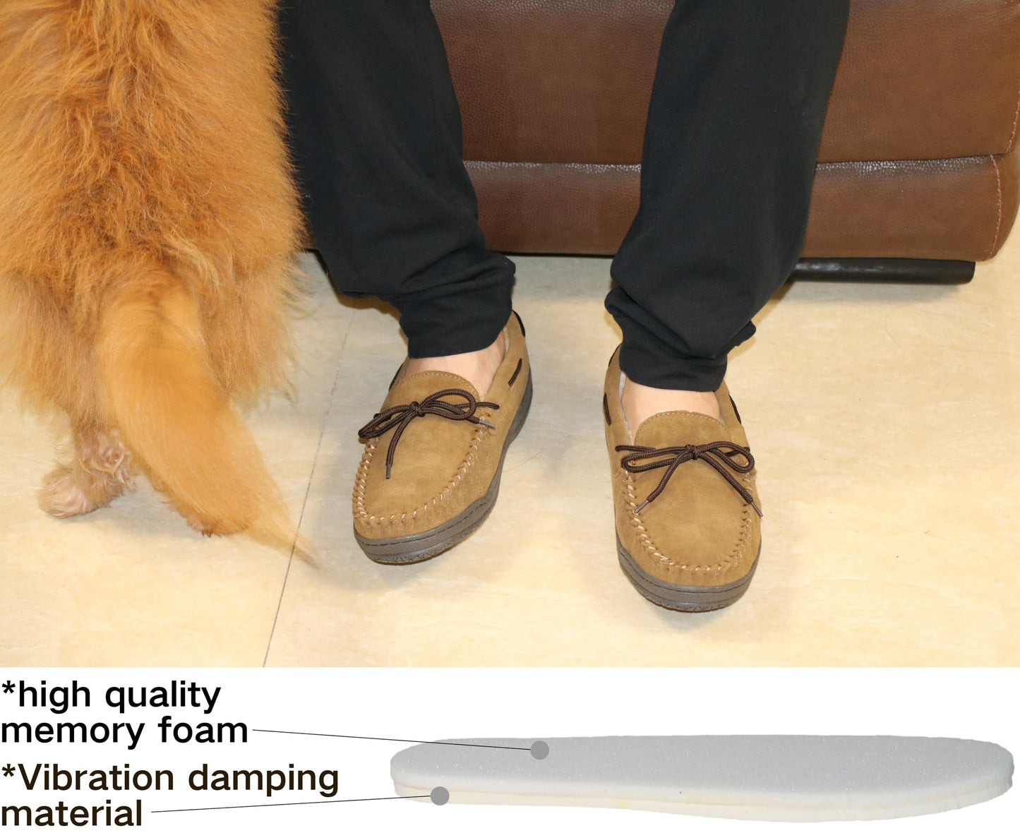 PEDOQU Men’s moccasin slippers with tie cow suede memory foam slip on warm house shoes, Indoor & outdoor breathable loafer slipper for men