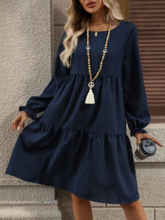 Women's Elegant Navy Blue A-Line long Sleeve dress - Non-Stretchy fabric