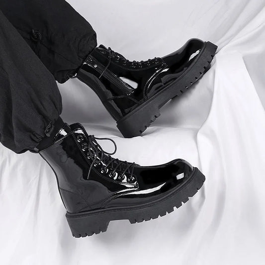 Classic Men Patent Leather Boots Outdoor Street Style Personality Men Motorcycle Boots Seasons Man's High Top Ankle Boots Botas