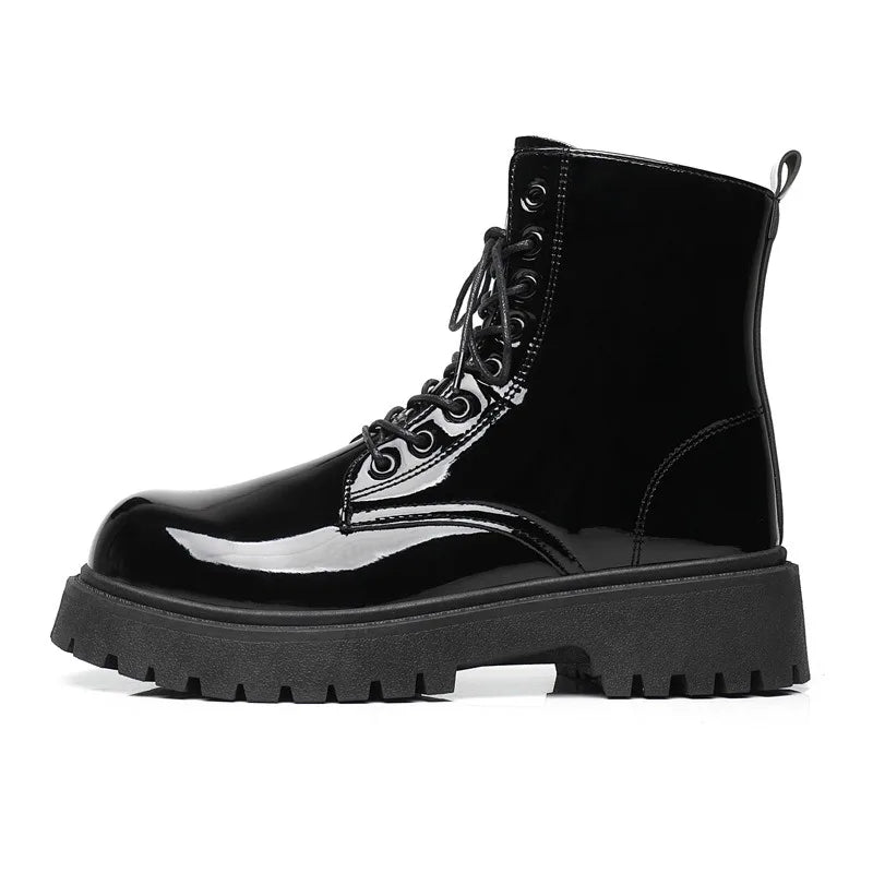 Classic Men Patent Leather Boots Outdoor Street Style Personality Men Motorcycle Boots Seasons Man's High Top Ankle Boots Botas