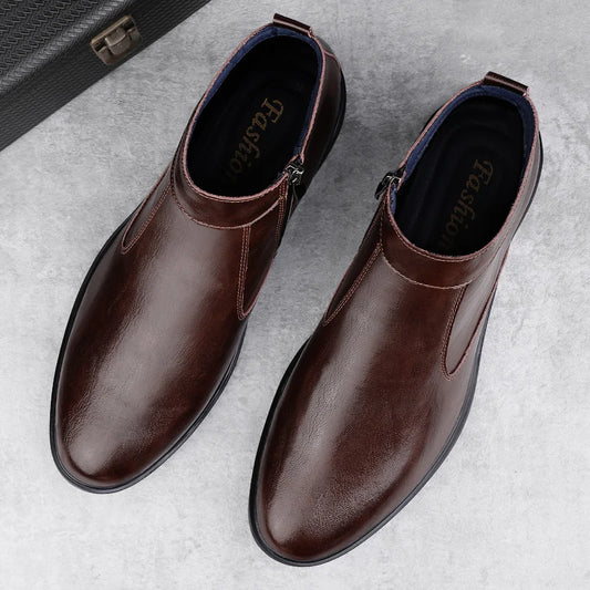 Genuine Leather Men Chelsea Boots New Men Winter Plush Snow Boots Soft Ankle Boots Formal Business High Top Shoes Man Warm Botas