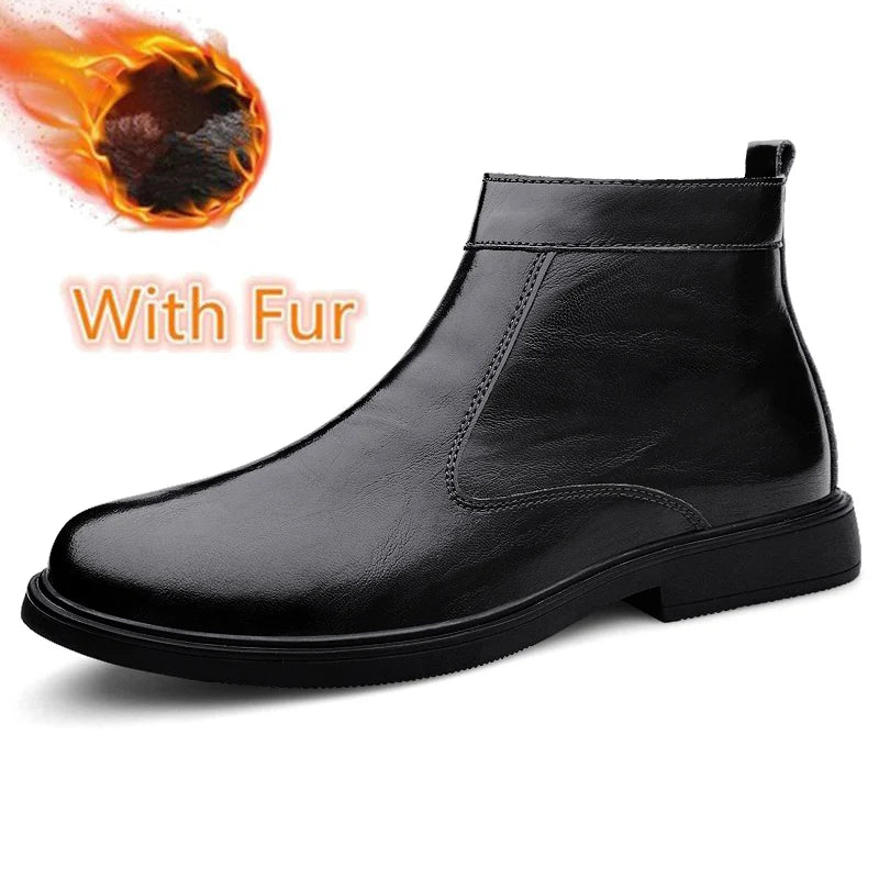 Genuine Leather Men Chelsea Boots New Men Winter Plush Snow Boots Soft Ankle Boots Formal Business High Top Shoes Man Warm Botas