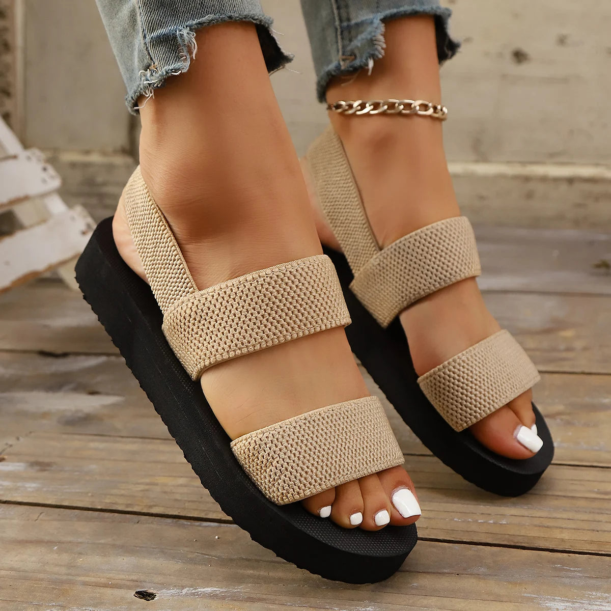 Ladies Elastic Flat Sandals Simulated Grass Weave