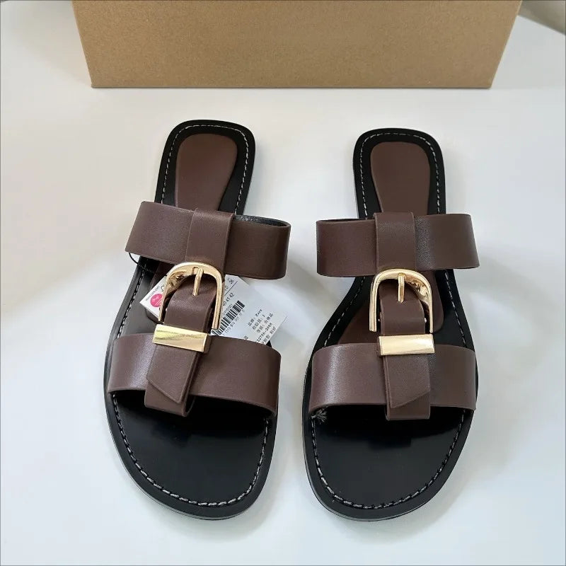 Women Flat Slipper with Metal Buckle Strap