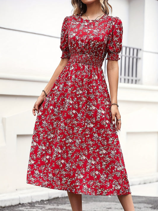 Women's Slim Fit Floral Print A-Line Dress with Bubble Sleeves & Flared Hem