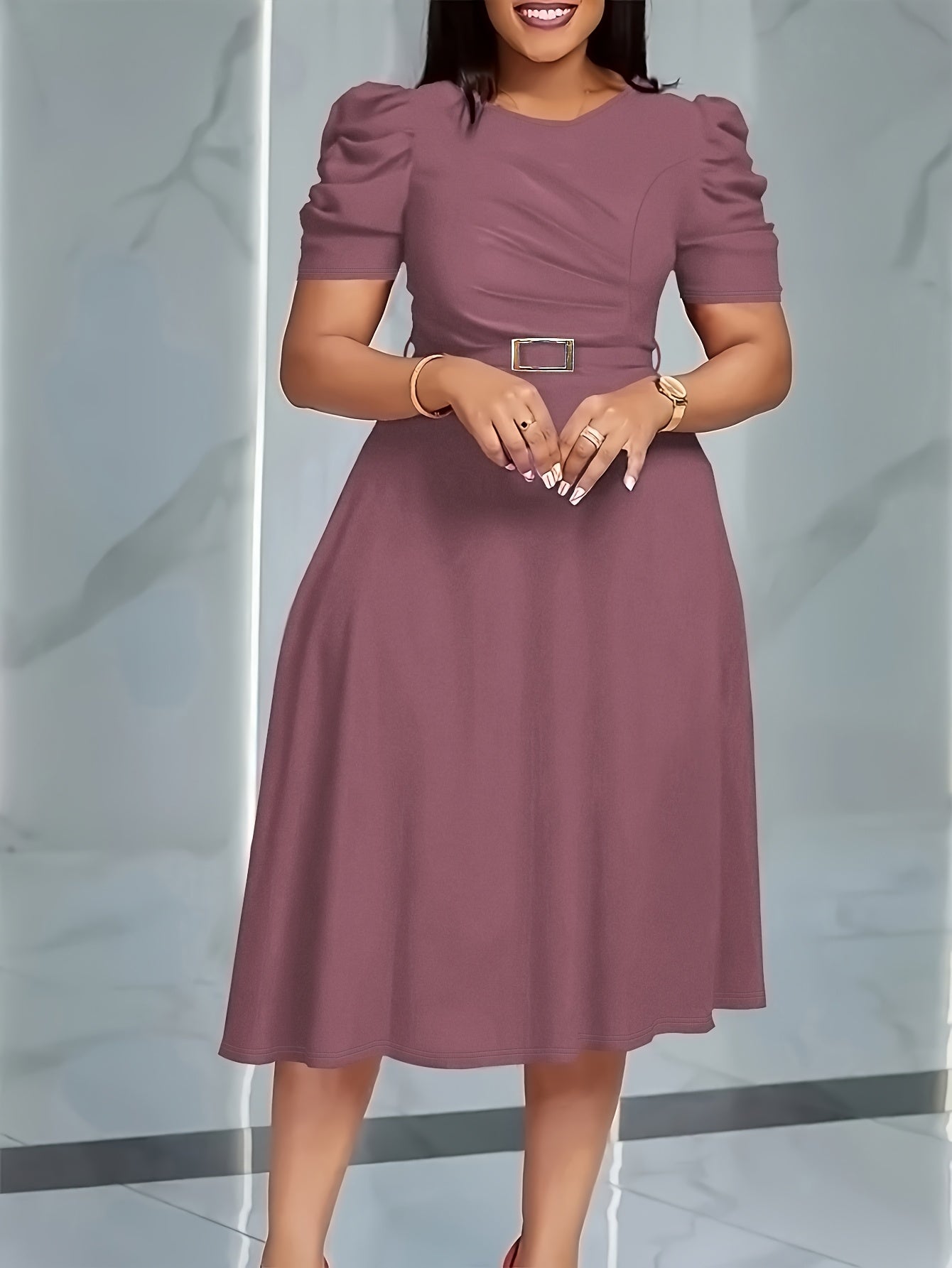 Elegant V-Neck Ruched Midi Dress | Women's Solid Color, Short Sleeve, Cinched Waist with Belt, Flowy Skirt