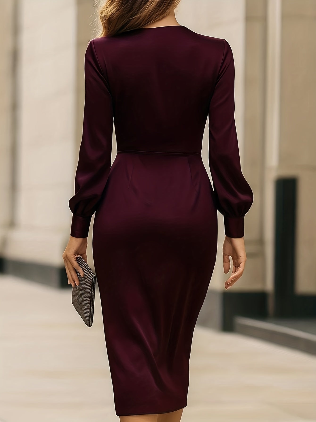 Women's Elegant V-Neck Satin Wrap Dress with Tie Waist