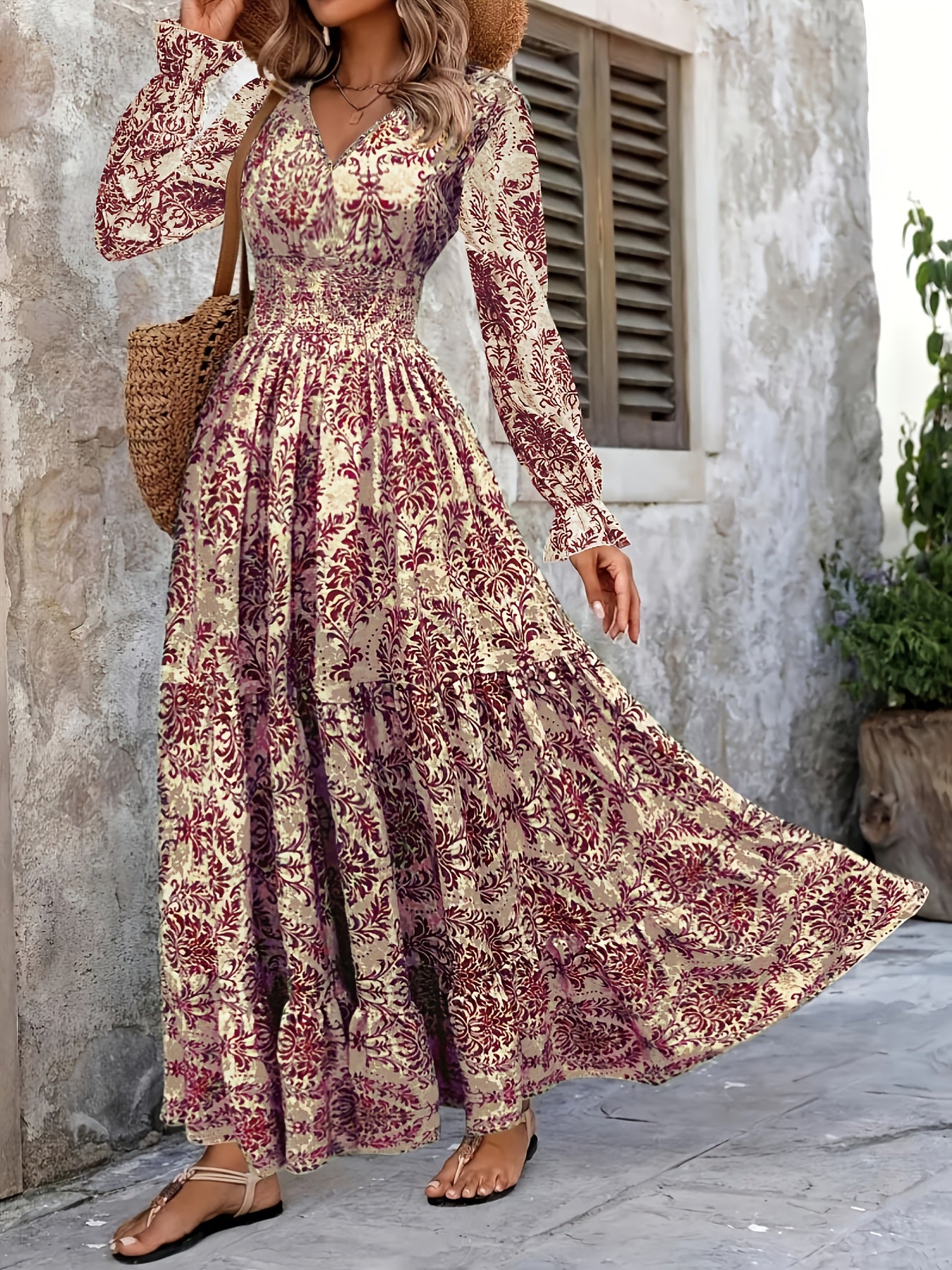 Women's Bohemian Floral Print V-Neck Long Sleeve Maxi Dress -