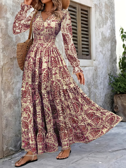 Women's Bohemian Floral Print V-Neck Long Sleeve Maxi Dress -