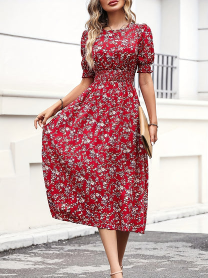 Women's Slim Fit Floral Print A-Line Dress with Bubble Sleeves & Flared Hem