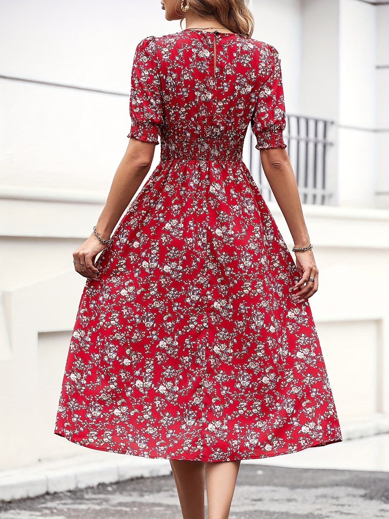 Women's Slim Fit Floral Print A-Line Dress with Bubble Sleeves & Flared Hem