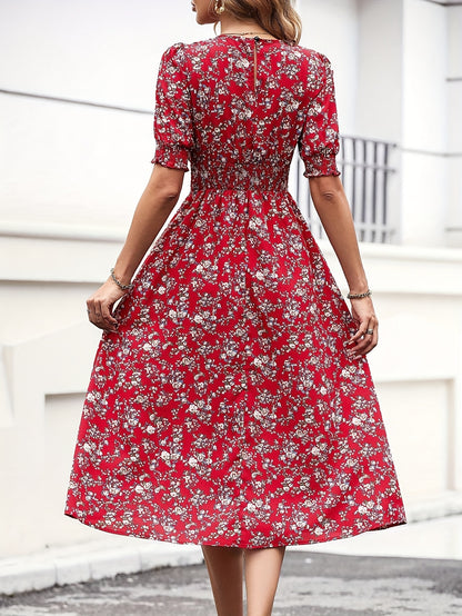 Women's Slim Fit Floral Print A-Line Dress with Bubble Sleeves & Flared Hem