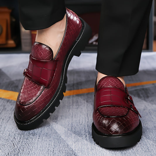 Men's Plaid Design Double Monk Strap Loafers With PU Uppers, Slip Resistant Slip On Dress Shoes For Wedding Party Occasions