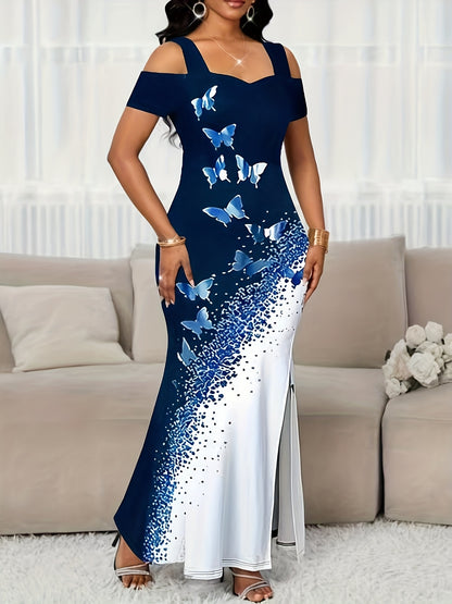 Women's Elegant Color-Block Butterfly Print Off-Shoulder Dress with High Slit