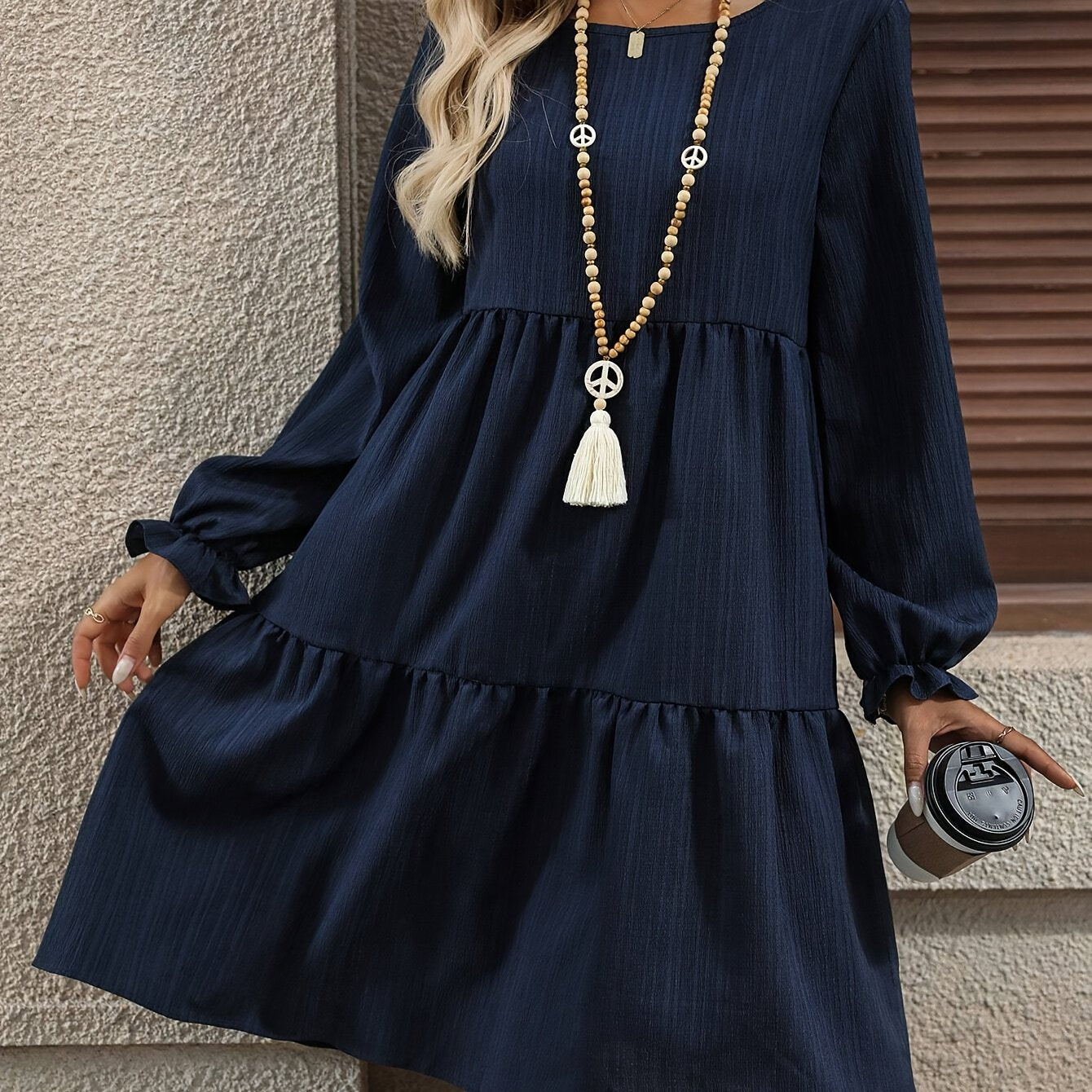 Women's Elegant Navy Blue A-Line long Sleeve dress - Non-Stretchy fabric