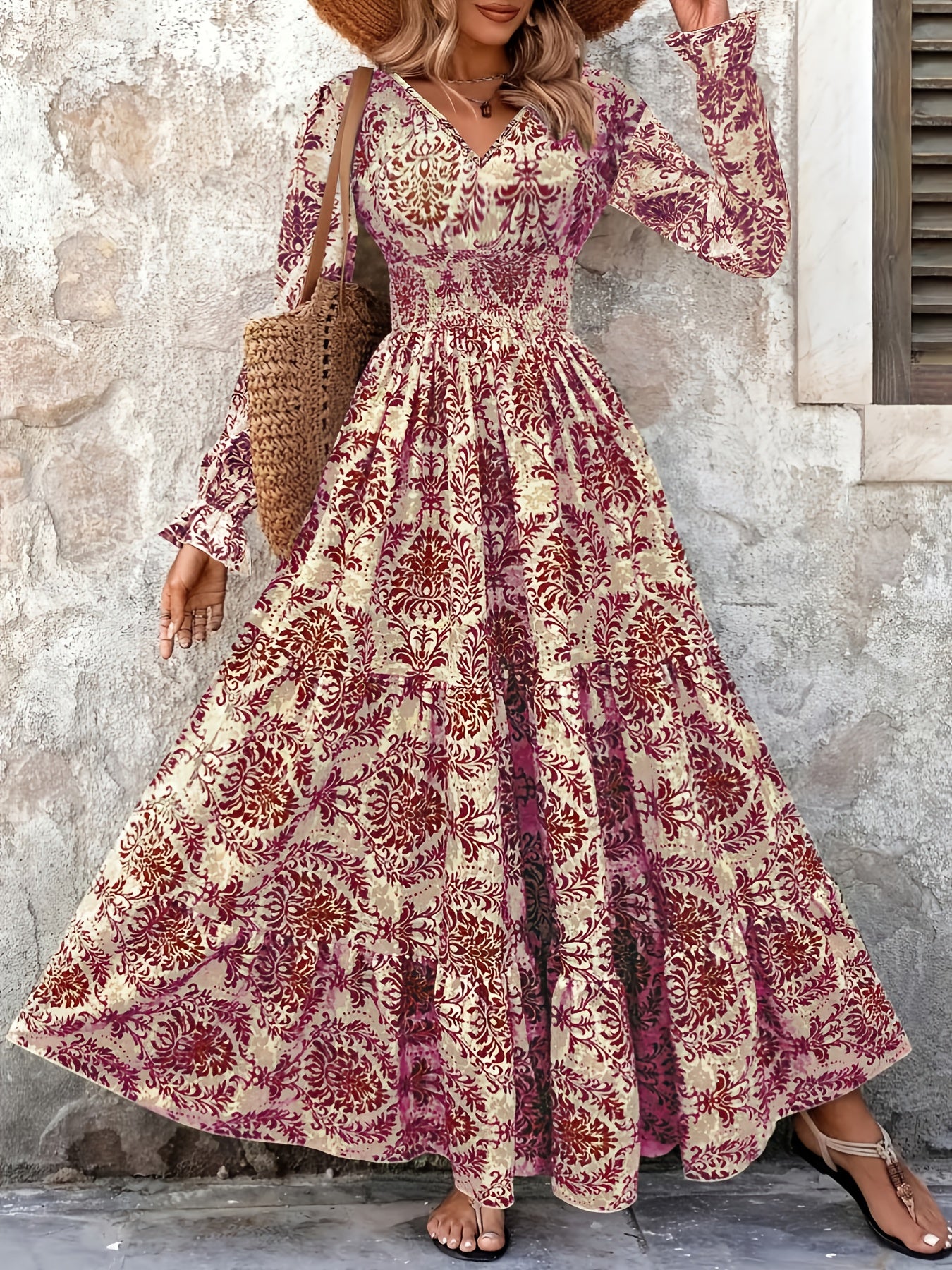 Women's Bohemian Floral Print V-Neck Long Sleeve Maxi Dress -