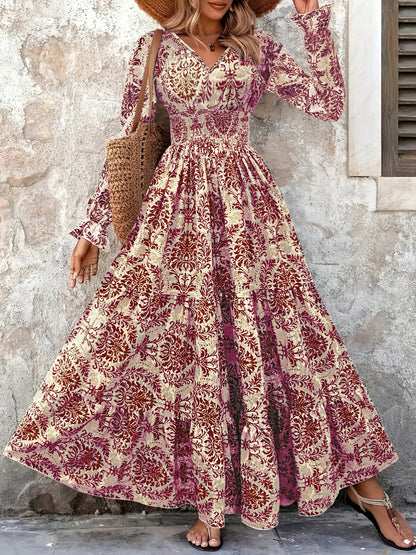 Women's Bohemian Floral Print V-Neck Long Sleeve Maxi Dress -