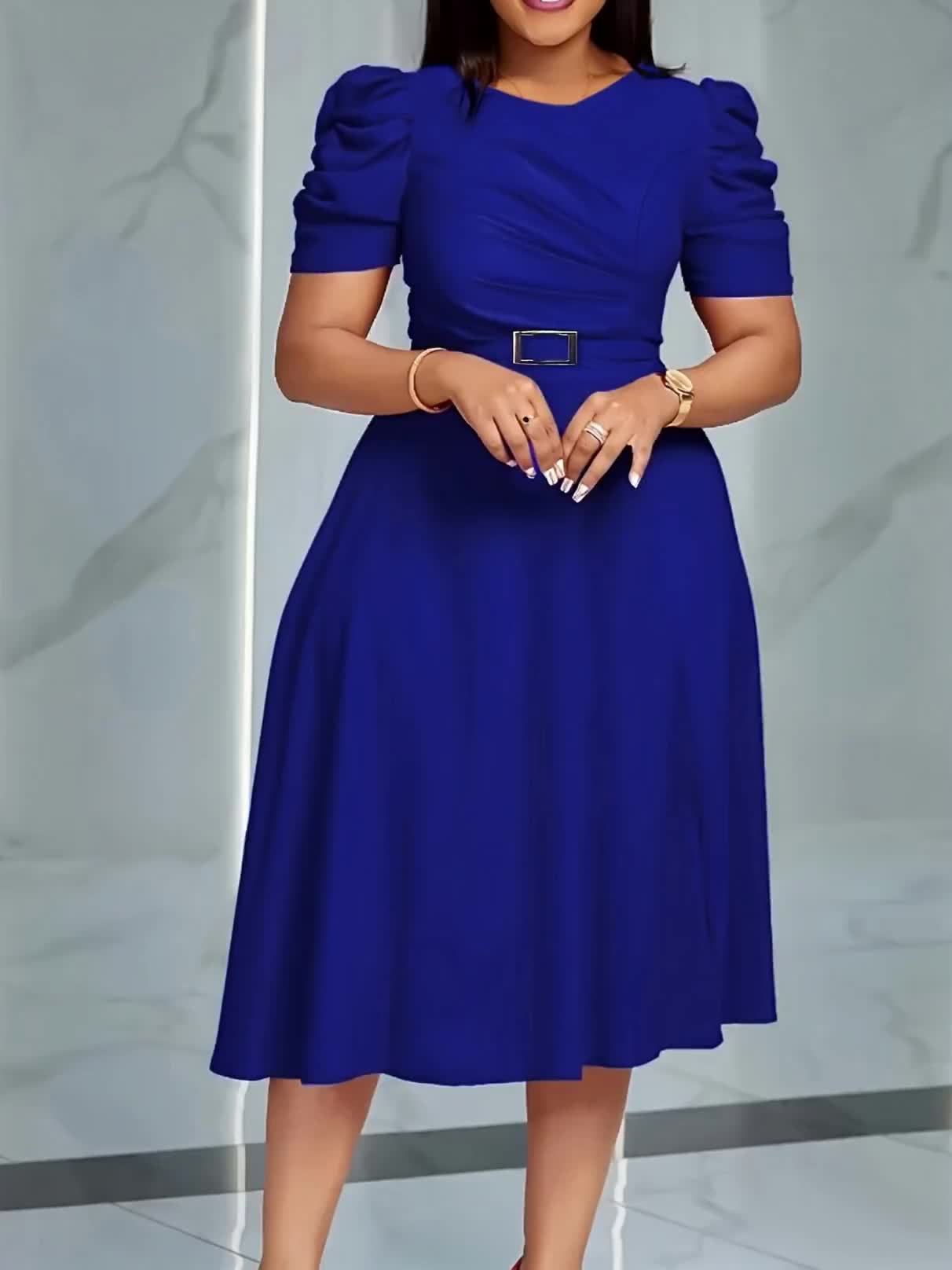 Elegant V-Neck Ruched Midi Dress | Women's Solid Color, Short Sleeve, Cinched Waist with Belt, Flowy Skirt