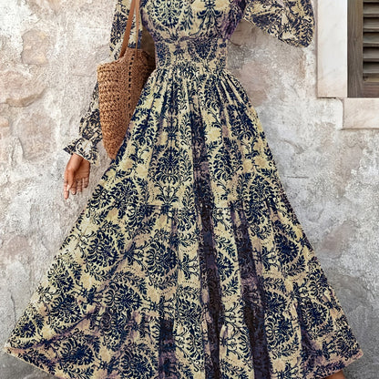 Women's Bohemian Floral Print V-Neck Long Sleeve Maxi Dress -