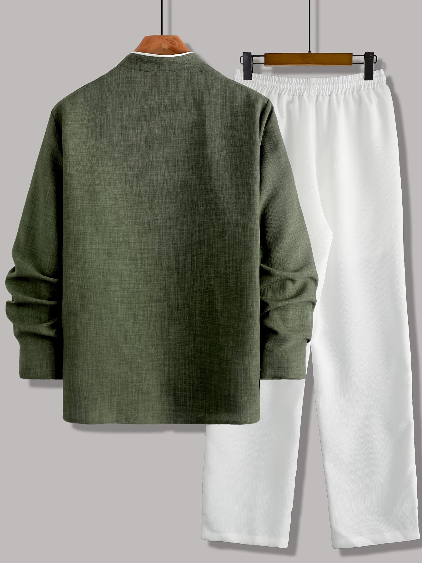 Men's Casual Long Sleeve Button-Up Shirt with Contrast Collar & Drawstring Pants, Green & White Color Block Design, Perfect for Spring/Fall, Regular Fit, Non-Stretch Fabric, Casual Attire