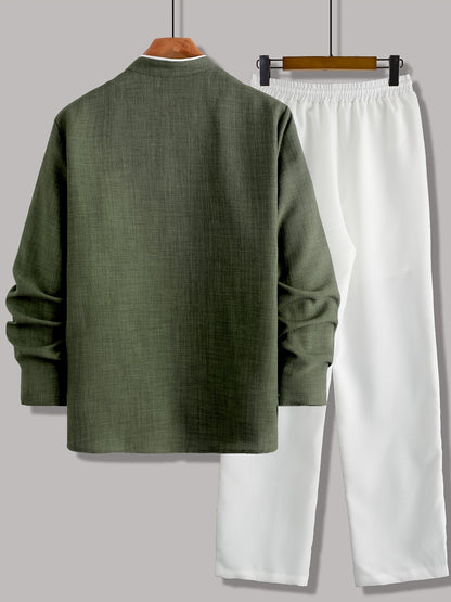 Men's Casual Long Sleeve Button-Up Shirt with Contrast Collar & Drawstring Pants, Green & White Color Block Design, Perfect for Spring/Fall, Regular Fit, Non-Stretch Fabric, Casual Attire