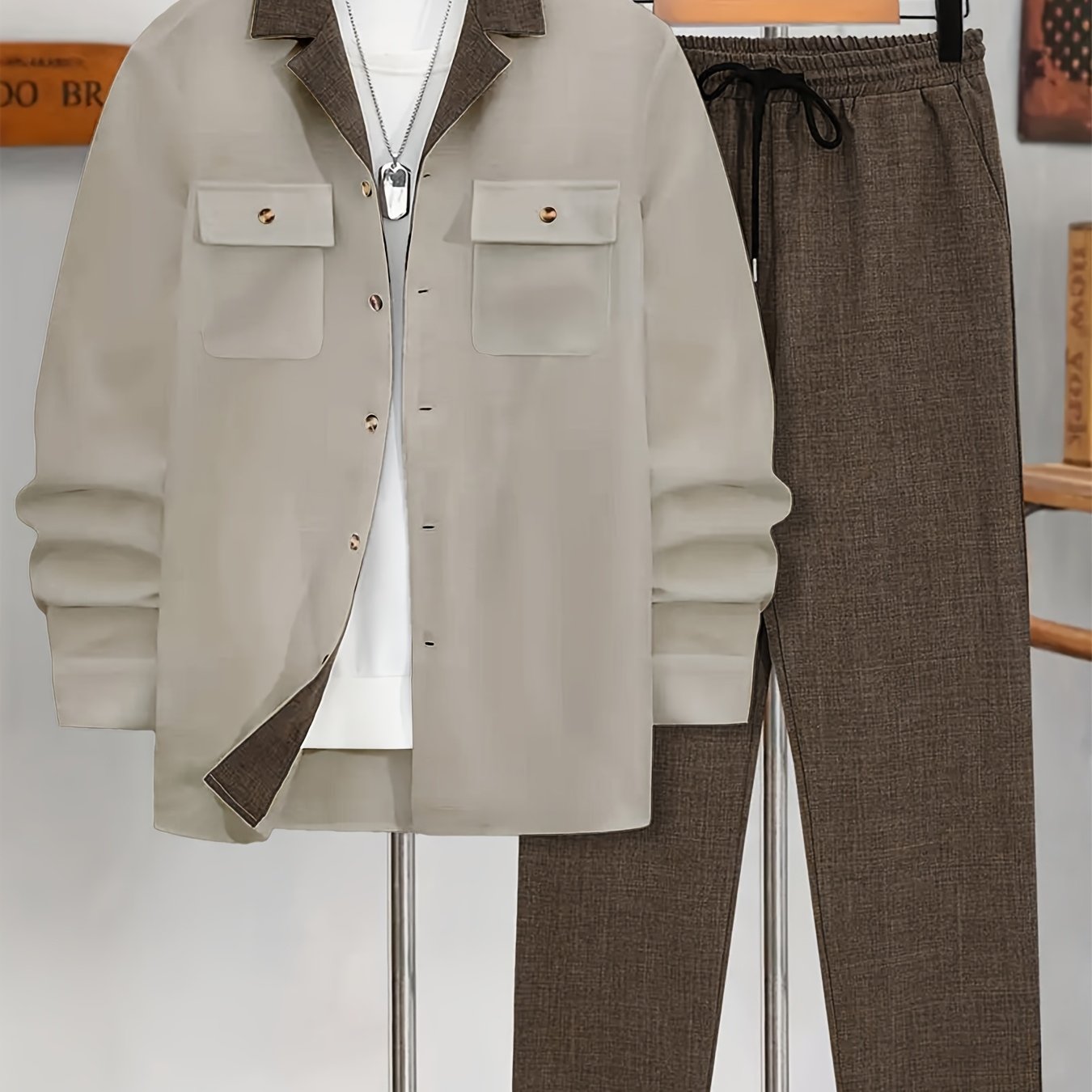 Men's Casual Double-Breasted Long Sleeve Shirt & Pants Set