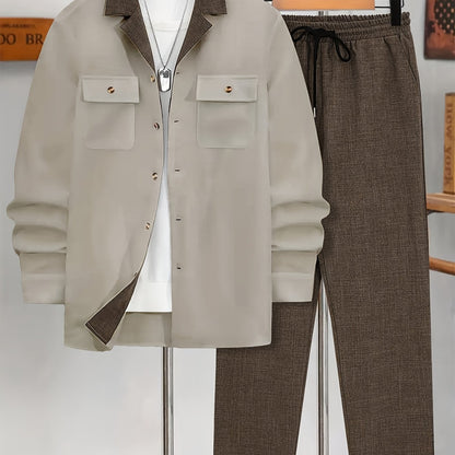 Men's Casual Double-Breasted Long Sleeve Shirt & Pants Set