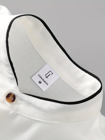 Men's Casual Long Sleeve Button-Up Shirt with Contrast Collar & Drawstring Pants, Green & White Color Block Design, Perfect for Spring/Fall, Regular Fit, Non-Stretch Fabric, Casual Attire