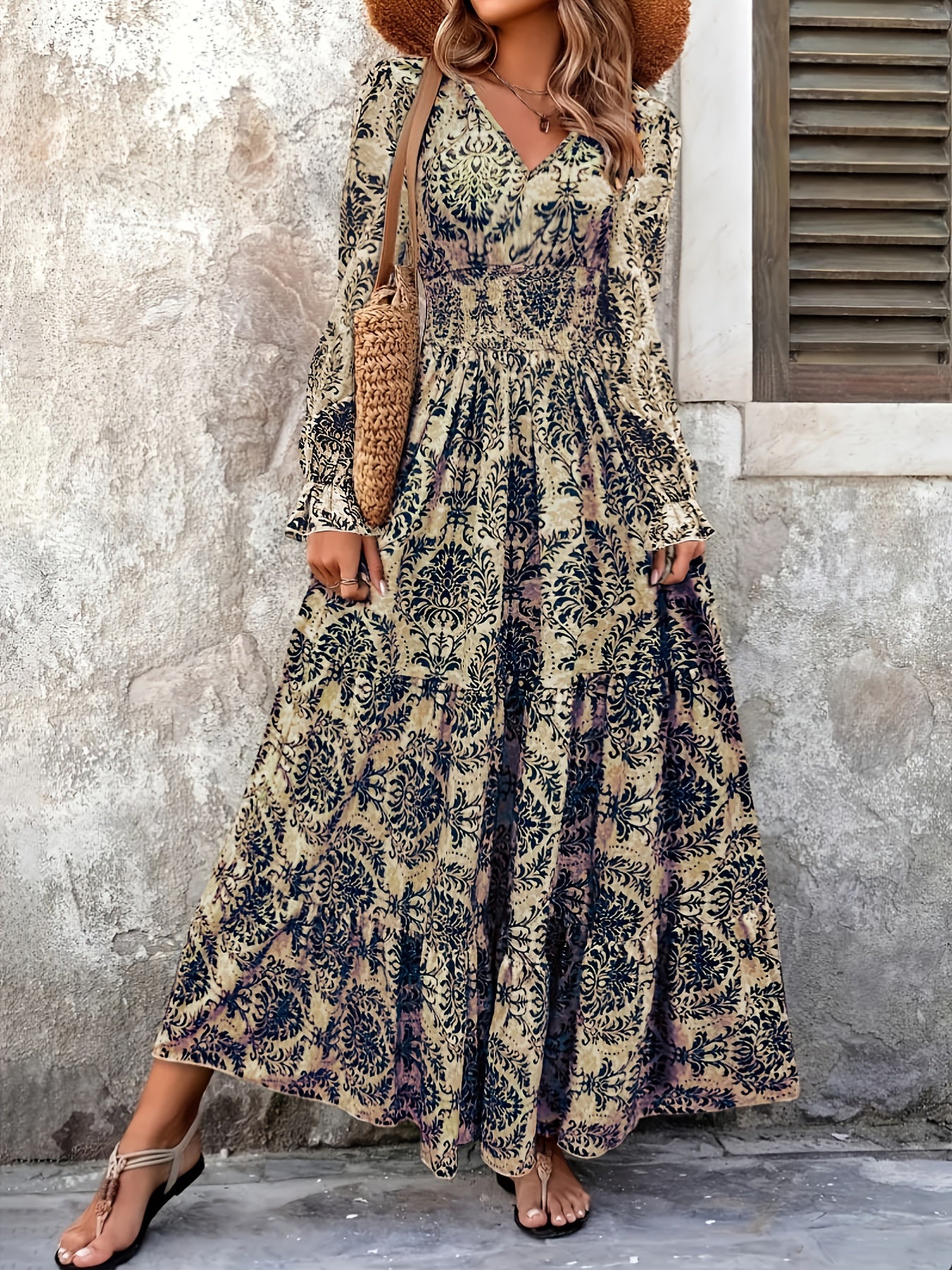 Women's Bohemian Floral Print V-Neck Long Sleeve Maxi Dress -