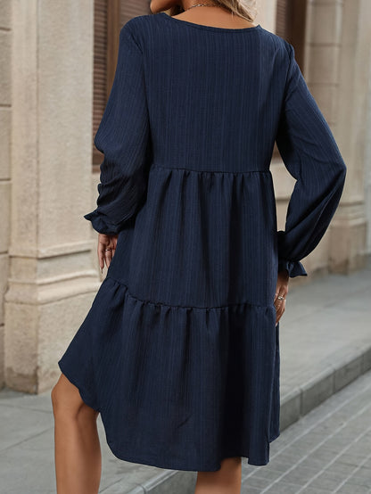 Women's Elegant Navy Blue A-Line long Sleeve dress - Non-Stretchy fabric