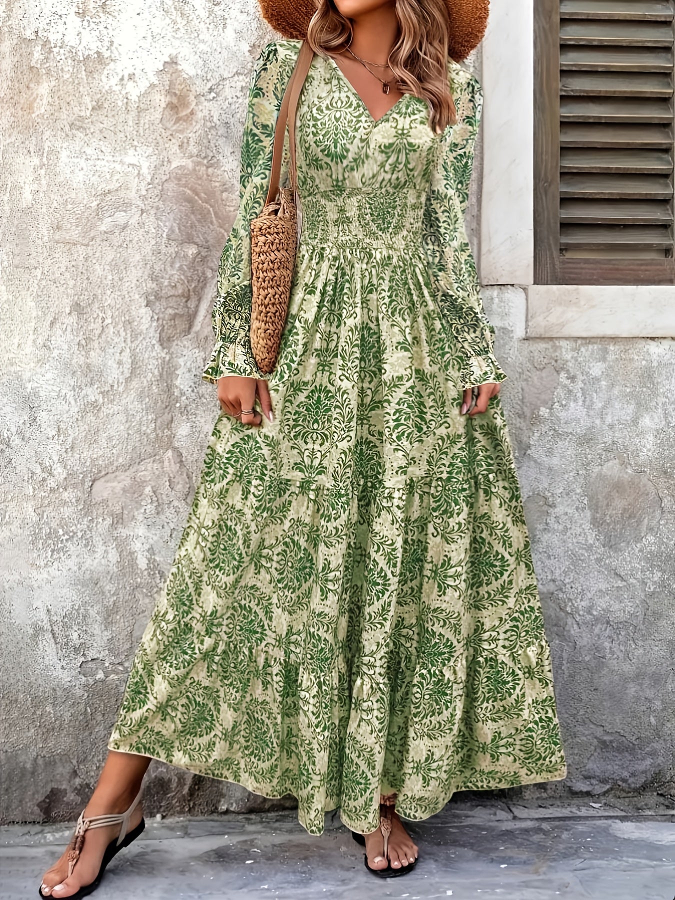 Women's Bohemian Floral Print V-Neck Long Sleeve Maxi Dress -