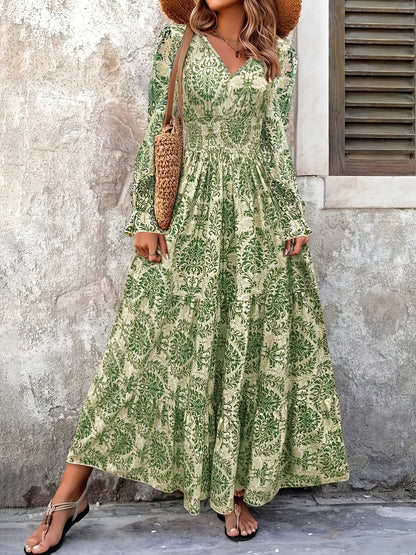 Women's Bohemian Floral Print V-Neck Long Sleeve Maxi Dress -