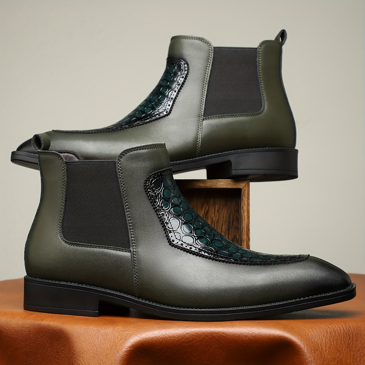 Men's Black Boots with Crocodile Pattern - Slip-On Ankle Boots for Everyday Casual Wear, Rubber Sole, Stylish & Versatile Design