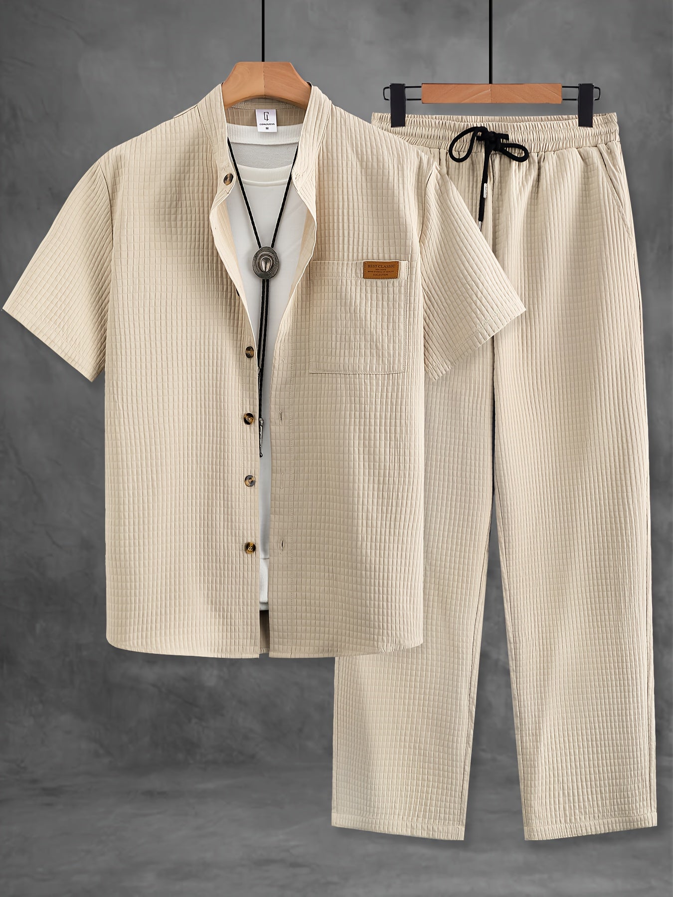 Men's Casual Solid Color Short Sleeve Shirt & Pants Set with Chest Pocket