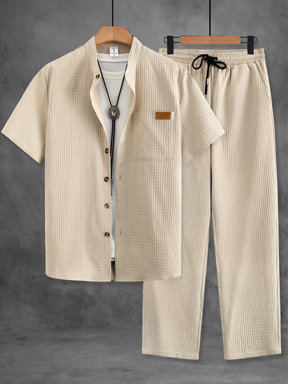 Men's Casual Solid Color Short Sleeve Shirt & Pants Set with Chest Pocket