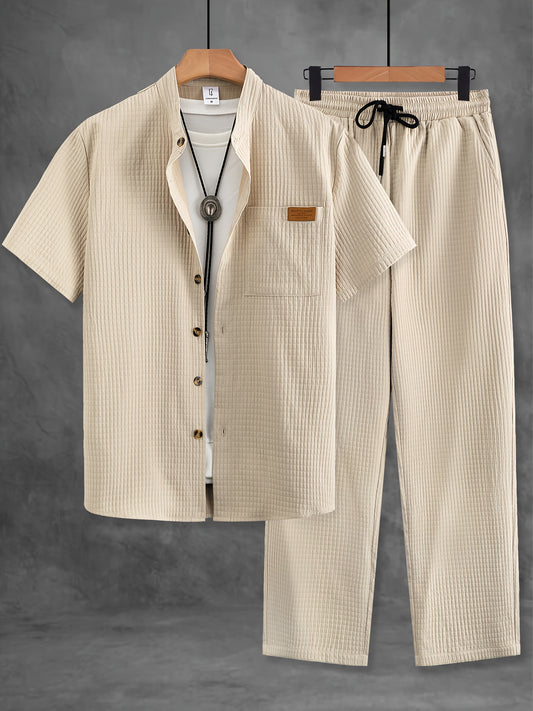 Men's Casual Solid Color Short Sleeve Shirt & Pants Set with Chest Pocket