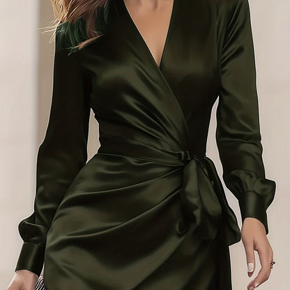 Women's Elegant V-Neck Satin Wrap Dress with Tie Waist