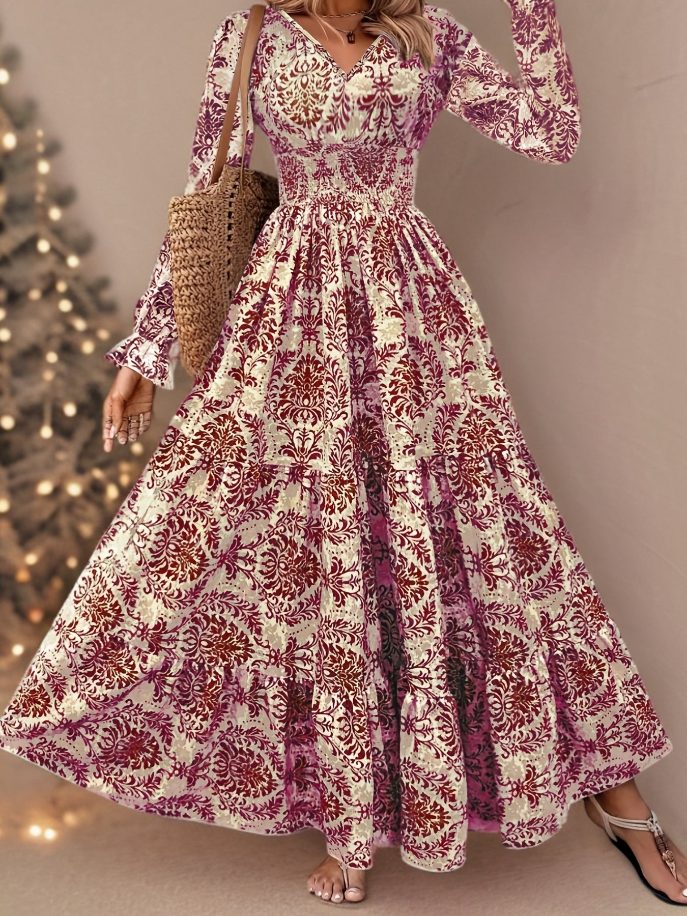 Women's Bohemian Floral Print V-Neck Long Sleeve Maxi Dress -