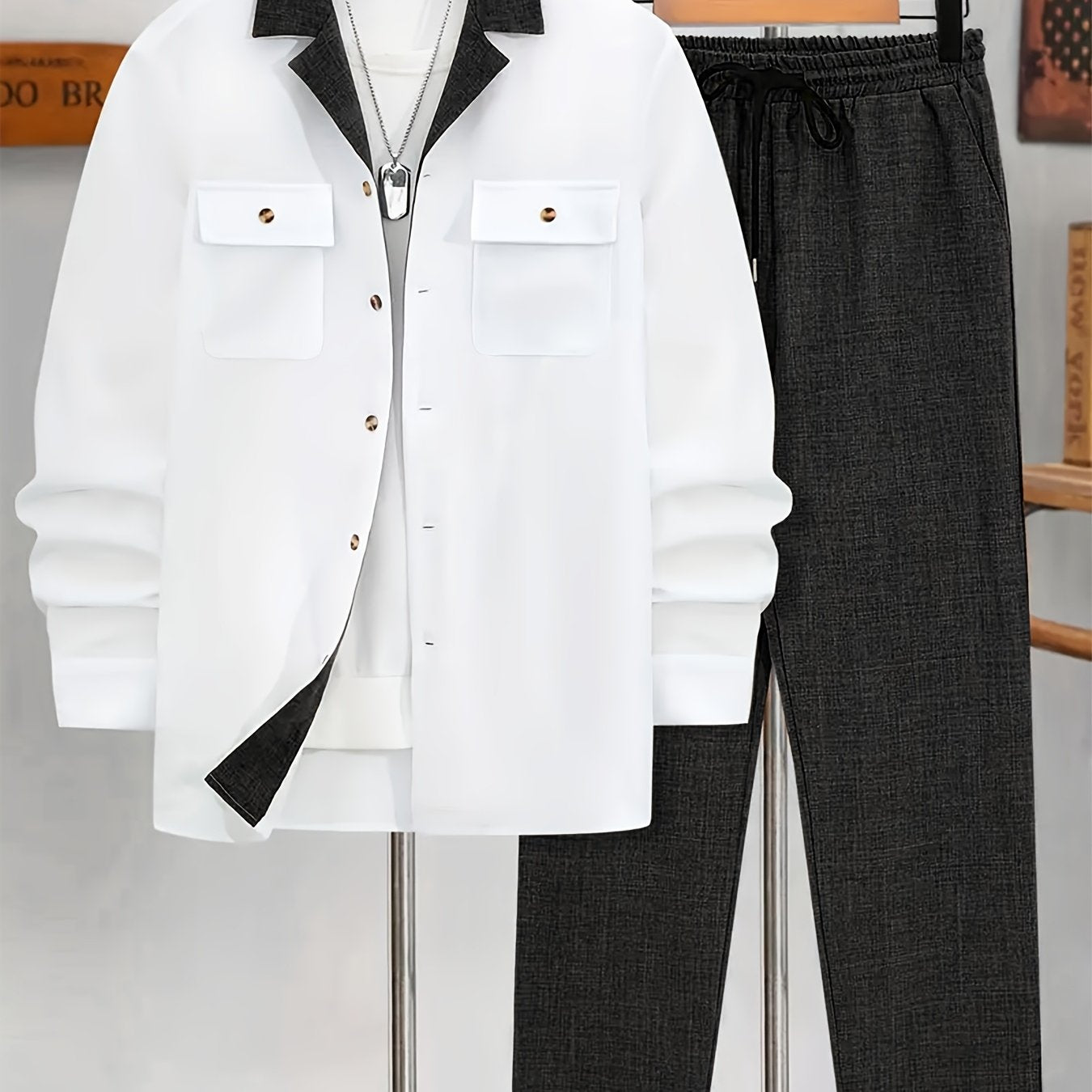 Men's Casual Double-Breasted Long Sleeve Shirt & Pants Set