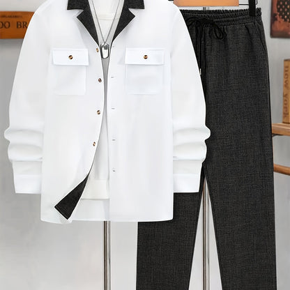 Men's Casual Double-Breasted Long Sleeve Shirt & Pants Set