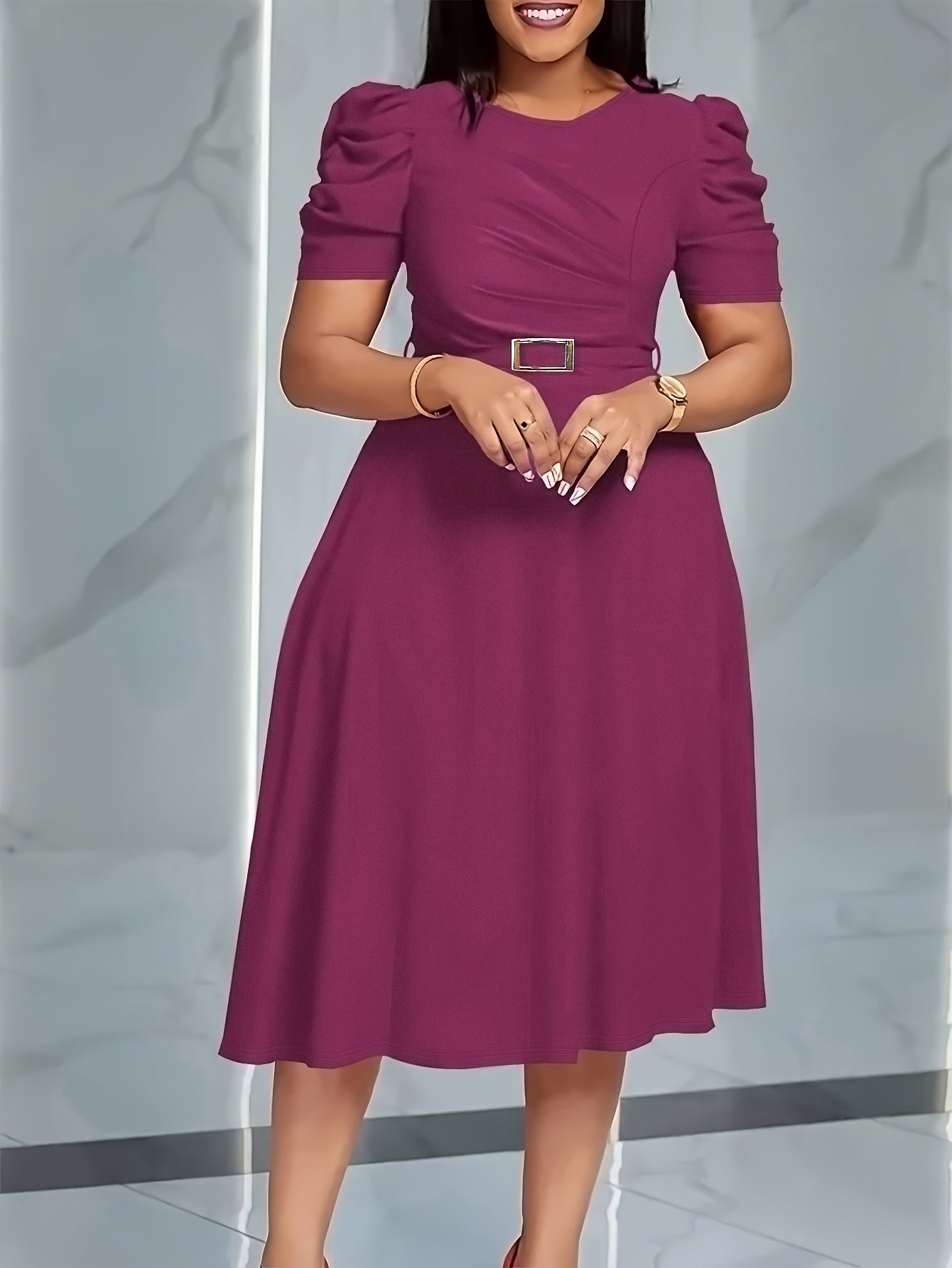 Elegant V-Neck Ruched Midi Dress | Women's Solid Color, Short Sleeve, Cinched Waist with Belt, Flowy Skirt