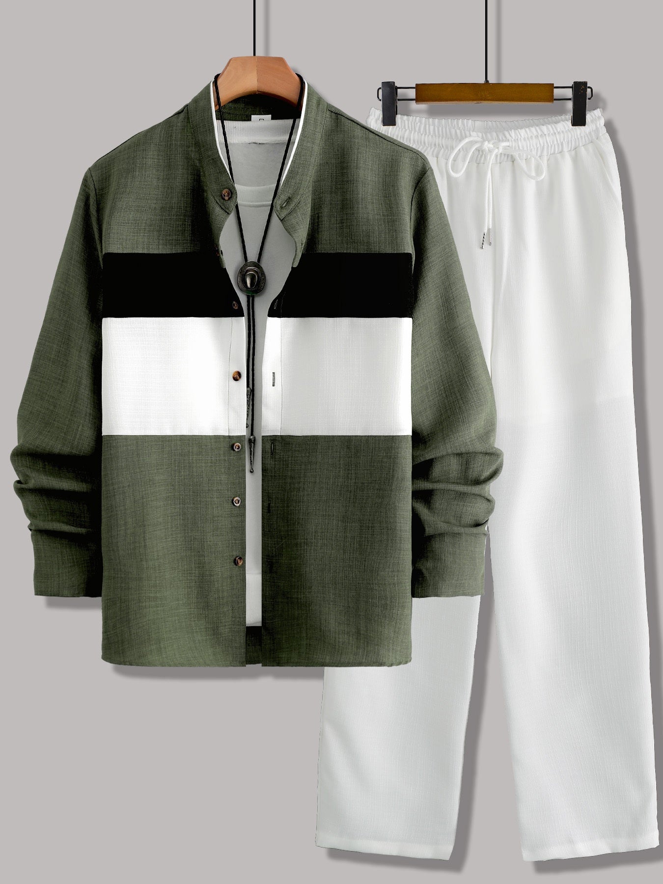 Men's Casual Long Sleeve Button-Up Shirt with Contrast Collar & Drawstring Pants, Green & White Color Block Design, Perfect for Spring/Fall, Regular Fit, Non-Stretch Fabric, Casual Attire