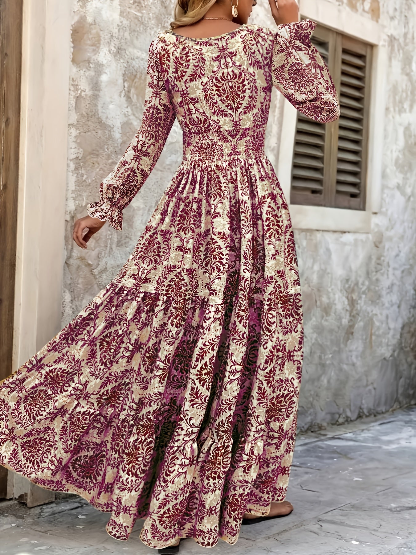 Women's Bohemian Floral Print V-Neck Long Sleeve Maxi Dress -