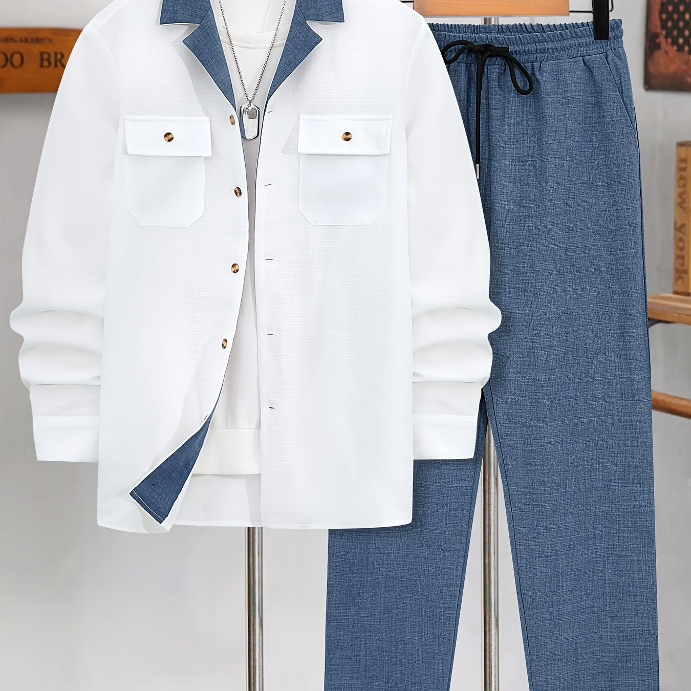 Men's Long-Sleeve Button-Up Shirt Top, Casual Straight-Leg Pants Set.