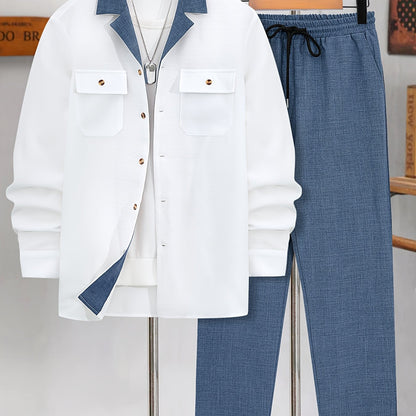 Men's Long-Sleeve Button-Up Shirt Top, Casual Straight-Leg Pants Set.