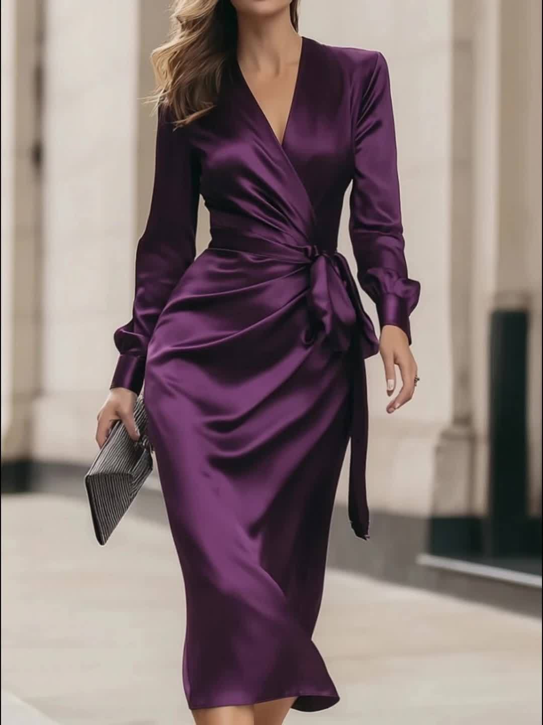 Women's Elegant V-Neck Satin Wrap Dress with Tie Waist