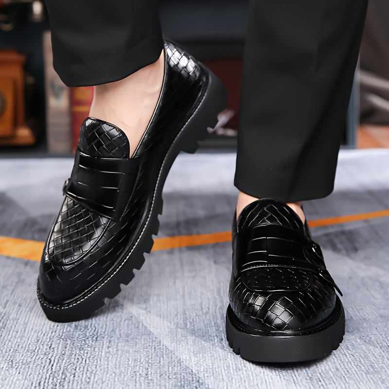 Men's Plaid Design Double Monk Strap Loafers With PU Uppers, Slip Resistant Slip On Dress Shoes For Wedding Party Occasions