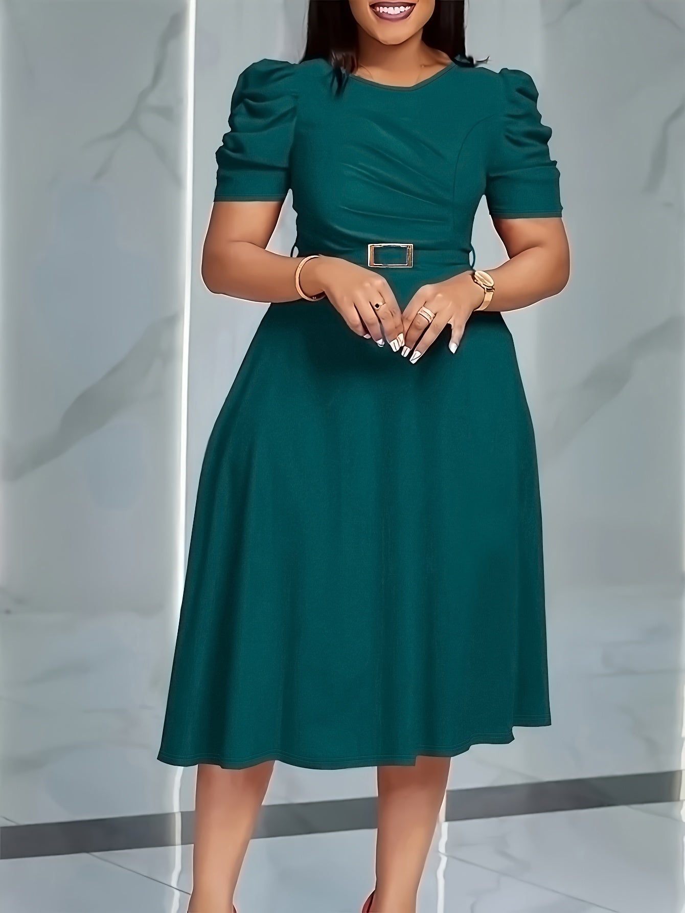 Elegant V-Neck Ruched Midi Dress | Women's Solid Color, Short Sleeve, Cinched Waist with Belt, Flowy Skirt