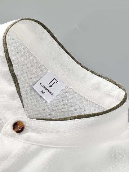 Men's Casual Long Sleeve Button-Up Shirt with Contrast Collar & Drawstring Pants, Green & White Color Block Design, Perfect for Spring/Fall, Regular Fit, Non-Stretch Fabric, Casual Attire